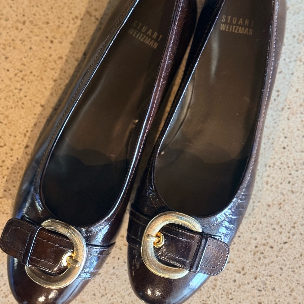 Stuart Weitzman Dark Brown Flats with Gold Accent